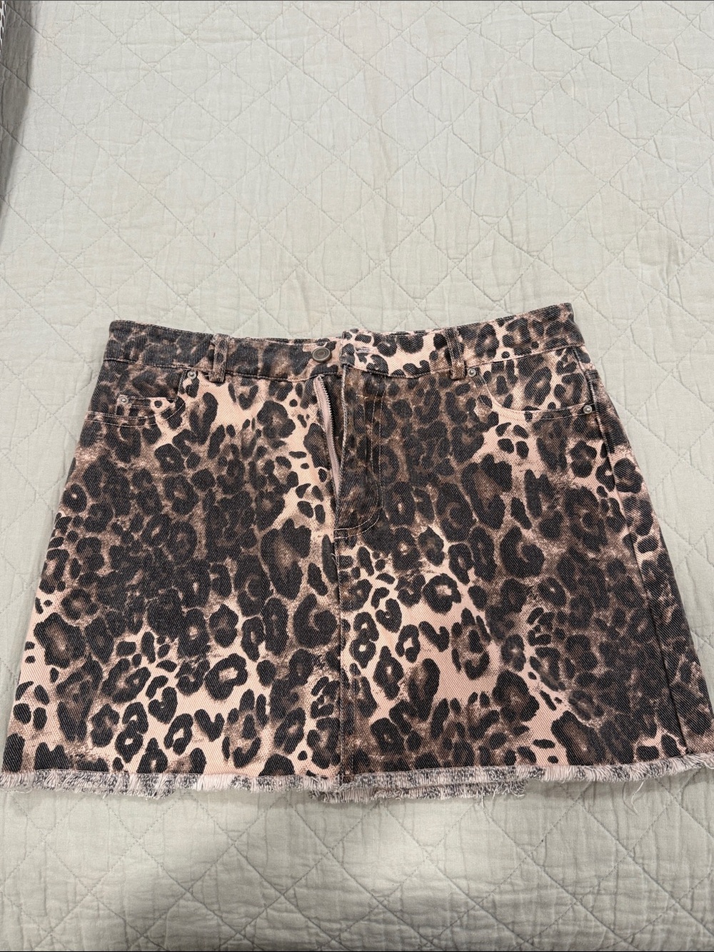 Anna Grace Pink and Brown Leopard Denim Mini Skirt